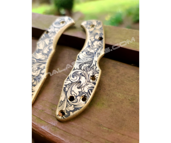 Spyderco Delica - Antique Stonewash Brass Scales - Deep Engraved Leaf Scroll Design - Flytanium Gear - Optional Knife Install