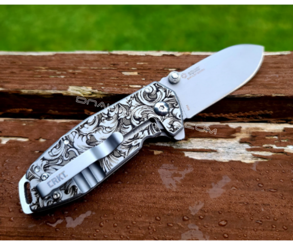 CRKT - Squid Framelock - Engraved Leaf Scroll - Stainless Steel - Lucas Burnley - EDC Knife
