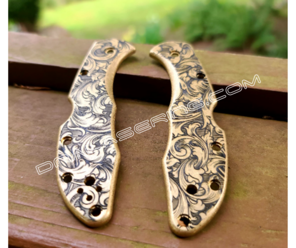 Spyderco Delica - Antique Stonewash Brass Scales - Deep Engraved Leaf Scroll Design - Flytanium Gear - Optional Knife Install
