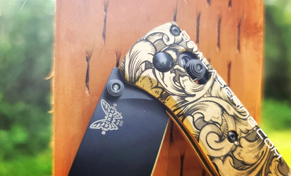 Benchmade Bugout - Detailed Leaf Scroll - Deep Laser Engraved Brass Knife Scales - EDC Gear *Scales Only*