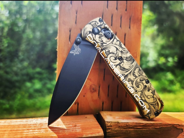 Benchmade Bugout - Detailed Leaf Scroll - Deep Laser Engraved Brass Knife Scales - EDC Gear *Scales Only*