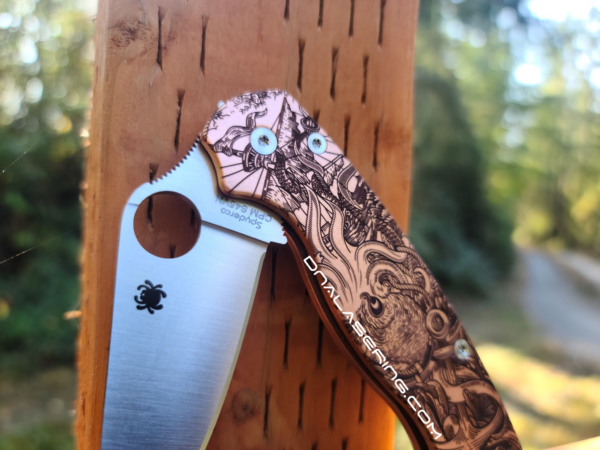 Spyderco PM2 - Kraken VS Pirate Ship Design - Deep Laser Engraved Copper Knife Scales - EDC Gear - Hardware & Knife Install Options