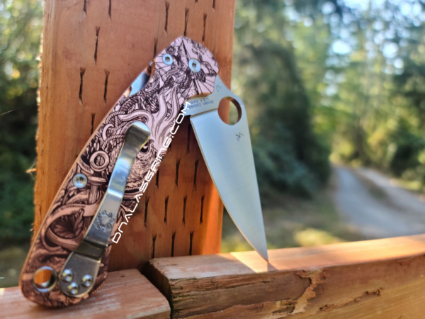 Spyderco PM2 - Kraken VS Pirate Ship Design - Deep Laser Engraved Copper Knife Scales - EDC Gear - Hardware & Knife Install Options