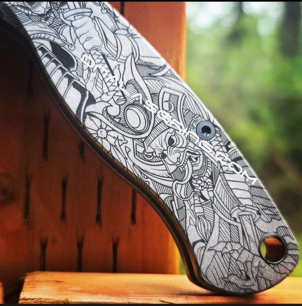 Spyderco PM2 - Japanese Warrior - Samurai - Fiber Laser Deep Engraved - PM2 Titanium Knife Scales - EDC Gear - Knife & Hardware Optional