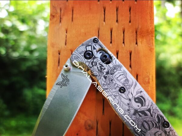 Benchmade Bugout - Yin-Yang - Ancient Samurai VS Geisha - Deep Laser Engraved Titanium Knife Scales - EDC Gear *SCALES ONLY*