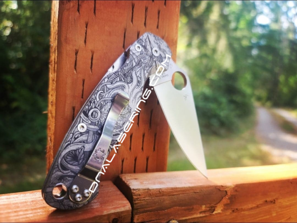 Spyderco PM2 TI - Kraken VS Pirate Ship Design - Fiber Laser Deep Engraved - PM2 Titanium Knife Scales - EDC Gear - Knife & Hardware Optional