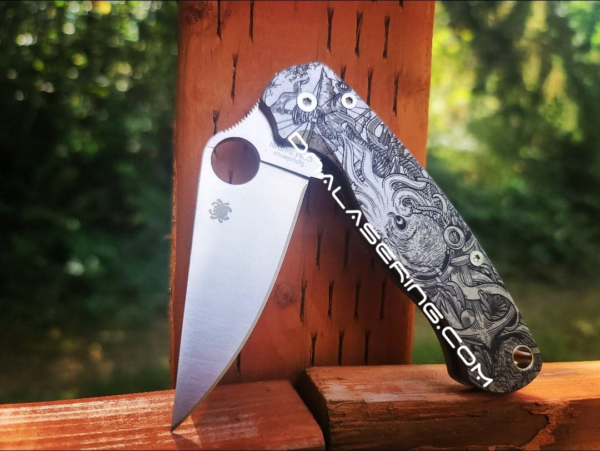 Spyderco PM2 TI - Kraken VS Pirate Ship Design - Fiber Laser Deep Engraved - PM2 Titanium Knife Scales - EDC Gear - Knife & Hardware Optional
