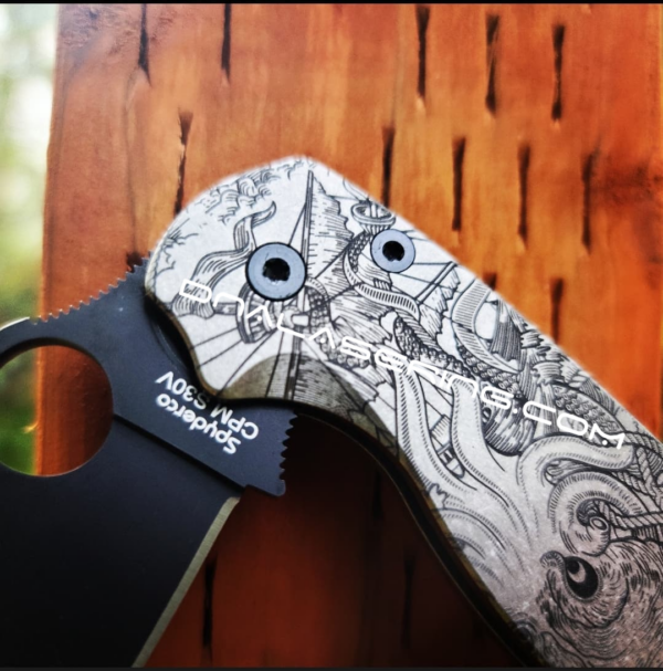 Spyderco PM2 TI - Kraken VS Pirate Ship Design - Fiber Laser Deep Engraved - PM2 Titanium Knife Scales - EDC Gear - Knife & Hardware Optional