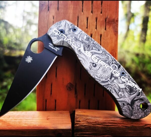 Spyderco PM2 TI - Kraken VS Pirate Ship Design - Fiber Laser Deep Engraved - PM2 Titanium Knife Scales - EDC Gear - Knife & Hardware Optional