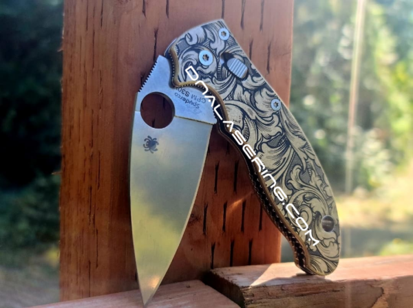 Spyderco Manix 2 - Antique Stonewash Brass Scales - Deep Engraved Leaf Scroll Design - Flytanium Gear - Knife Install Optional