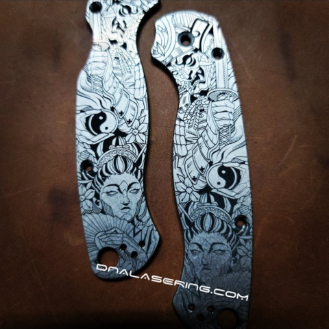 Spyderco PM2 - Yin-Yang - Ancient Samurai & Geisha - Fiber Laser Deep Engraved - PM2 Titanium Knife Scales - EDC Gear - Knife & Hardware Optional