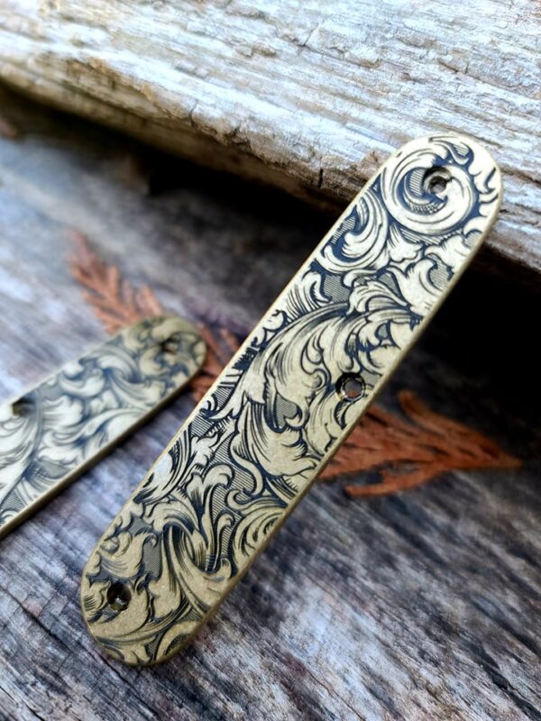 Victorinox Cadet - Antique Stonewash Brass Scales - Deep Engraved Leaf Scroll Design - EDC gear - Scroll Pattern - Scales Only