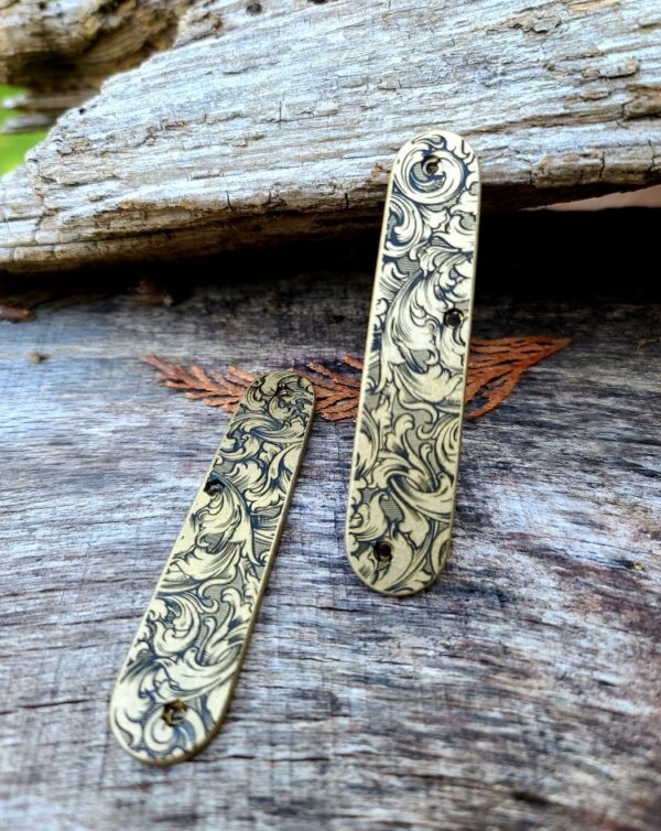 Victorinox Cadet - Antique Stonewash Brass Scales - Deep Engraved Leaf Scroll Design - EDC gear - Scroll Pattern - Scales Only