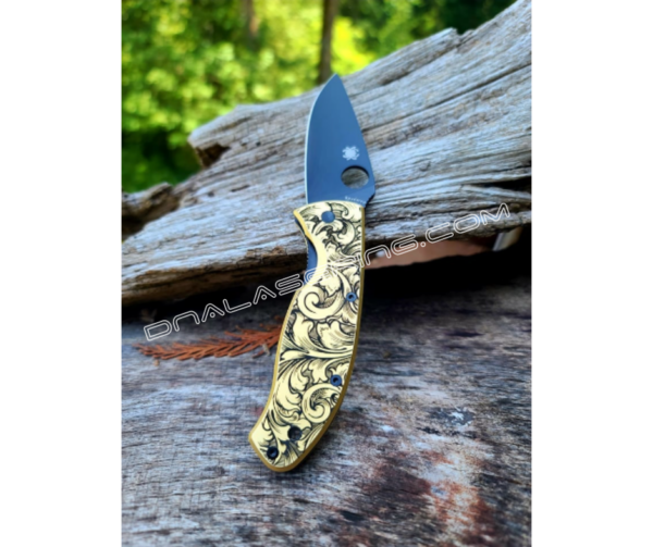 Spyderco Tenacious - Detailed Leaf Scroll - Deep Fiber Laser Engraved Brass Scales - EDC Gear *Scales Only*