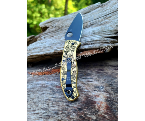 Spyderco Tenacious - Detailed Leaf Scroll - Deep Fiber Laser Engraved Brass Scales - EDC Gear *Scales Only*