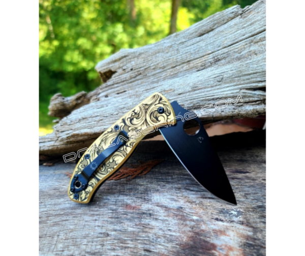 Spyderco Tenacious - Detailed Leaf Scroll - Deep Fiber Laser Engraved Brass Scales - EDC Gear *Scales Only*