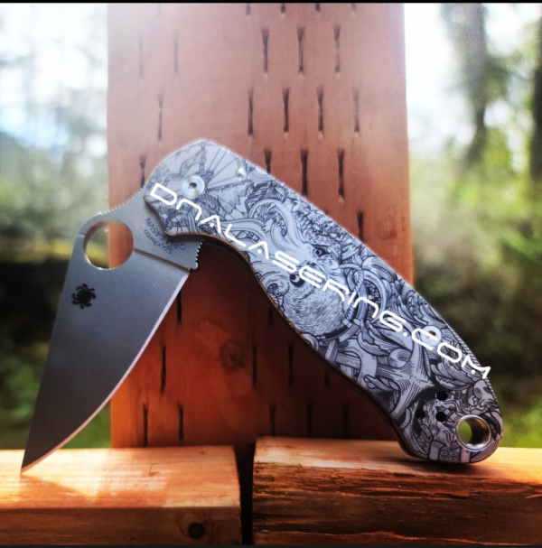 Spyderco PM3 - Kraken VS Pirate Ship - Fiber Laser Deep Engraved - Titanium Knife Scales - Paramilitary 3 EDC - Hardware & Knife Install Options