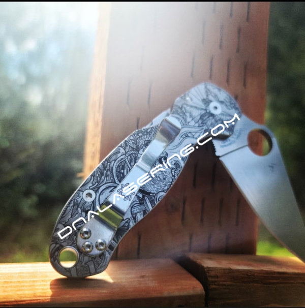 Spyderco PM3 - Kraken VS Pirate Ship - Fiber Laser Deep Engraved - Titanium Knife Scales - Paramilitary 3 EDC - Hardware & Knife Install Options
