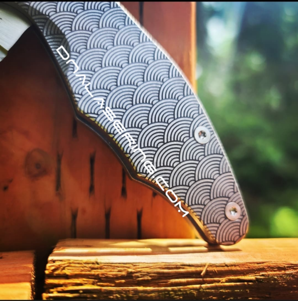 Spyderco Yojimbo 2 - Seigaiha Pattern - Japanese Waves - Deep Laser Engraved - Stonewash Titanium Scales - EDC Gear