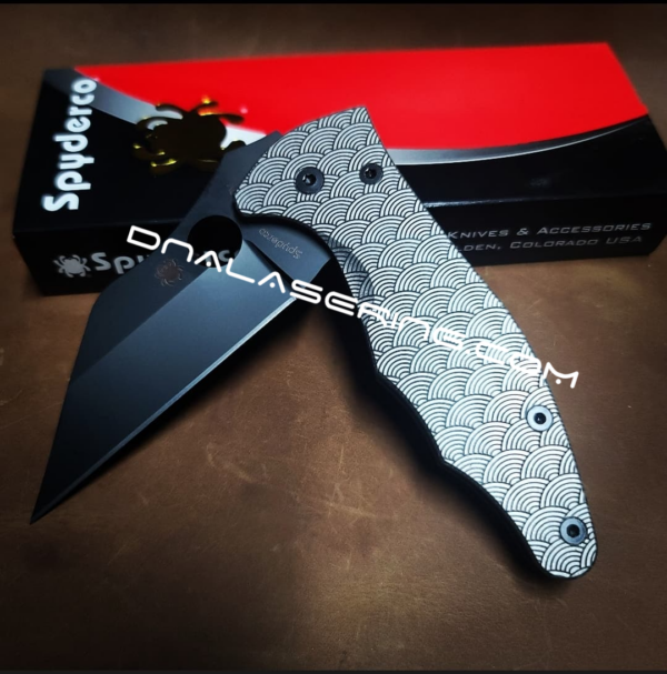 Spyderco Yojimbo 2 - Seigaiha Pattern - Japanese Waves - Deep Laser Engraved - Stonewash Titanium Scales - EDC Gear