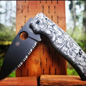 Spyderco Shaman - Detailed Leaf Scroll - Deep Laser Engraved Titanium Scales - Knife Install Optional - EDC Gear