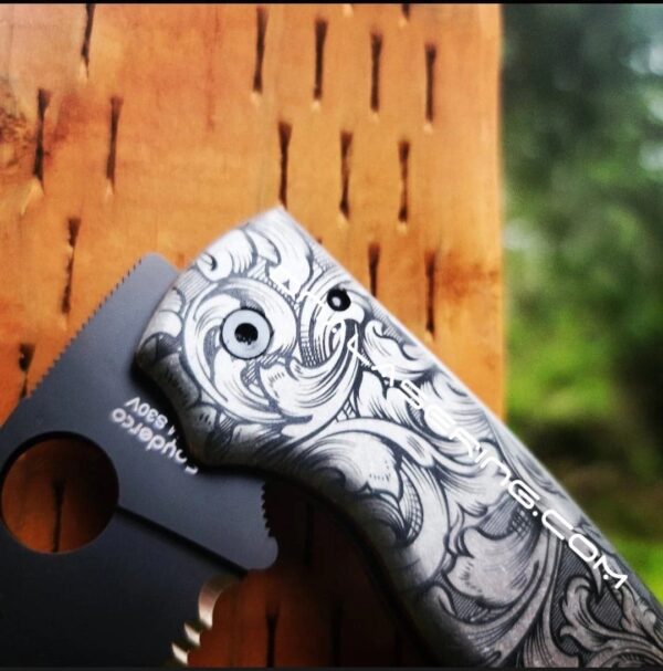 Spyderco Shaman - Detailed Leaf Scroll - Deep Laser Engraved Titanium Scales - Knife Install Optional - EDC Gear