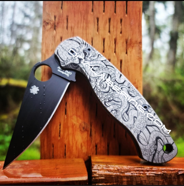 Spyderco PM2 - Kraken 2.0 - Fiber Laser Deep Engraved - Titanium Knife Scales - EDC Gear - Knife & Hardware Optional