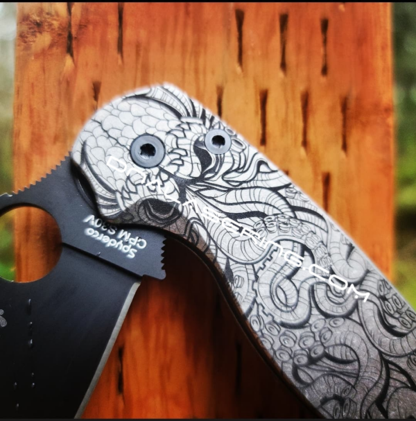 Spyderco PM2 - Kraken 2.0 - Fiber Laser Deep Engraved - Titanium Knife Scales - EDC Gear - Knife & Hardware Optional