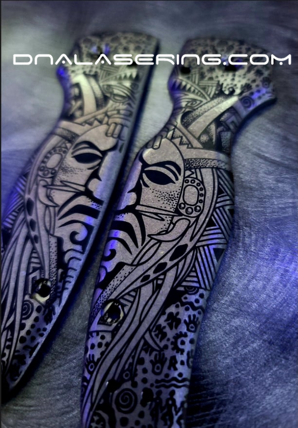 Spyderco Shaman - Ancient Shaman Mask & Symbols - Deep Laser Engraved Titanium Scales - EDC Gear *Scales Only*
