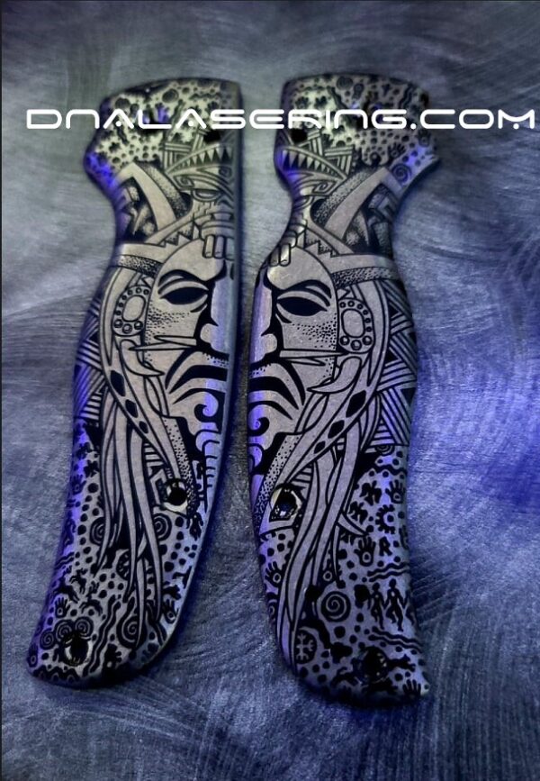 Spyderco Shaman - Ancient Shaman Mask & Symbols - Deep Laser Engraved Titanium Scales - EDC Gear *Scales Only*