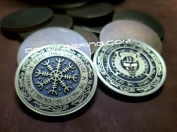 Valhalla - Viking Skull - Norse - Deep Laser Engraved Brass Coin - Polished and Aged Finish