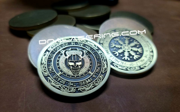 Valhalla - Viking Skull - Norse - Deep Laser Engraved Brass Coin - Polished and Aged Finish