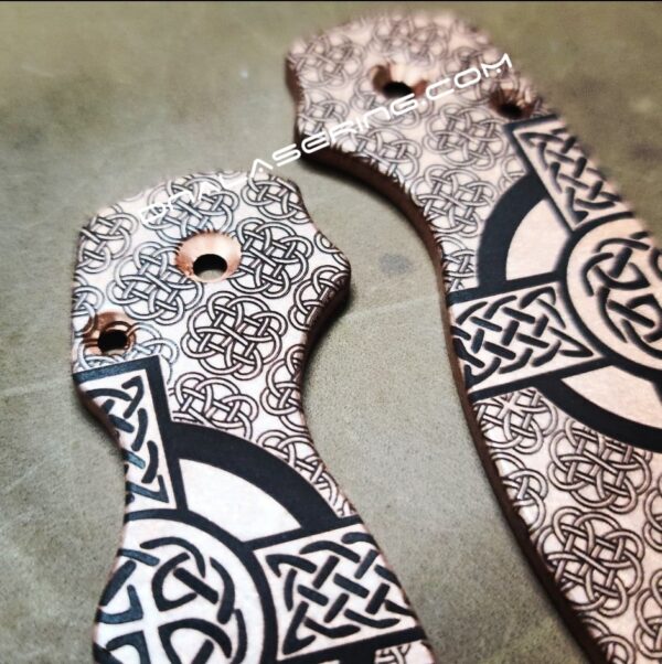 Spyderco PM2 - Celtic Cross - Deep Laser Engraved Copper Knife Scales - EDC Gear - Hardware & Knife Install Options