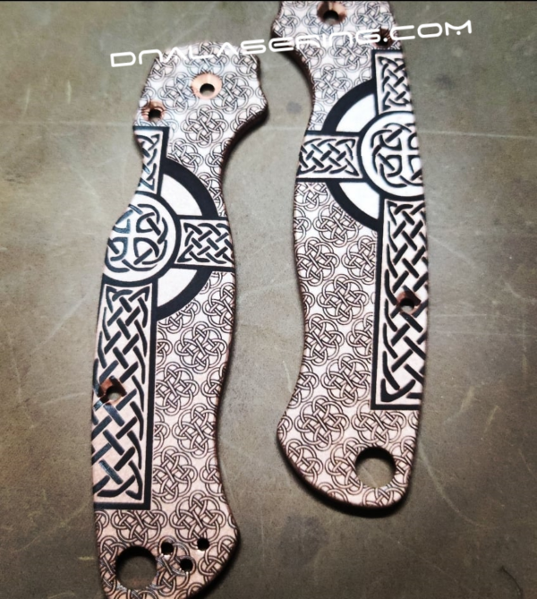 Spyderco PM2 - Celtic Cross - Deep Laser Engraved Copper Knife Scales - EDC Gear - Hardware & Knife Install Options