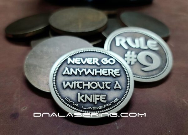 Rule #9 - Deep Laser Engraved Brass Coin - Polished and Aged Finish