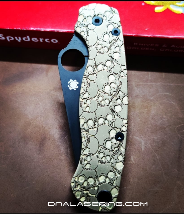 Spyderco PM2 - Skulls - NEW Relief Engraving Style - Deep Laser Engraved - PM2 Brass Knife Scales - EDC Gear *Knife Install Optional*
