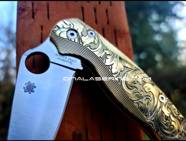 Spyderco PM2 Lotus - Leaf Scroll - NEW Relief Engraving Style - Deep Laser Engraved - Brass Knife Scales - EDC Gear *Knife Install Optional*
