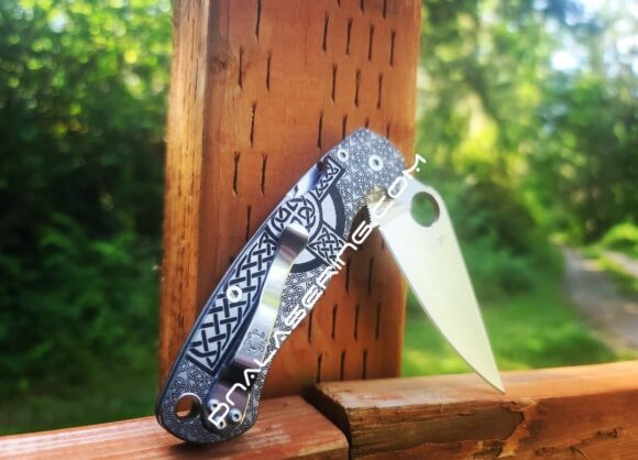 Spyderco PM2 - Celtic Cross - Fiber Laser Deep Engraved -  PM2 Titanium Knife Scales - EDC Gear - Hardware & Knife Install Options - Image 3