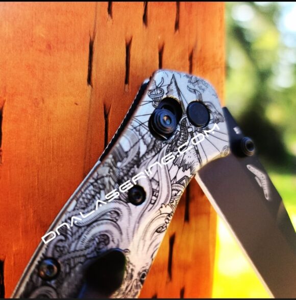Benchmade 940 Osborne - Kraken VS Pirate Ship - Deep Laser Engraved Titanium Scales - EDC Gear *Scales Only* - Image 3