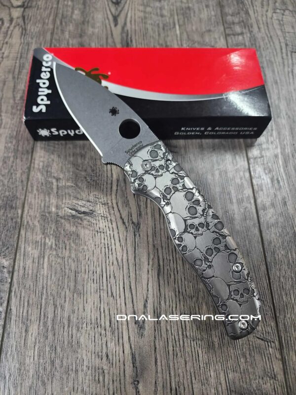 Spyderco Shaman - Skulls Pattern - Relief Laser Engraved - Titanium scales - Complete Knife - LynchNW Clip - Phosphor Washers