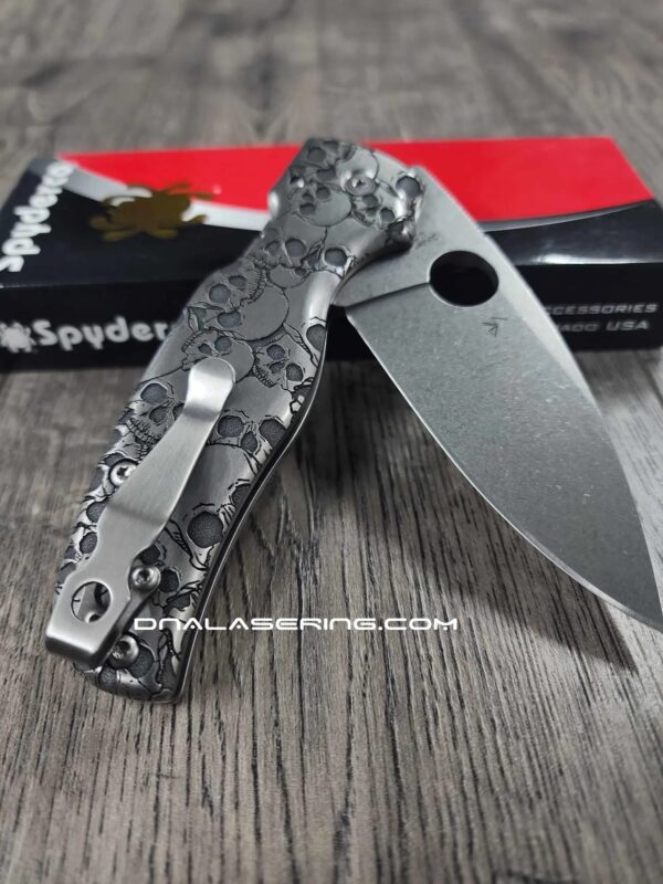 Spyderco Shaman - Skulls Pattern - Relief Laser Engraved - Titanium scales - Complete Knife - LynchNW Clip - Phosphor Washers