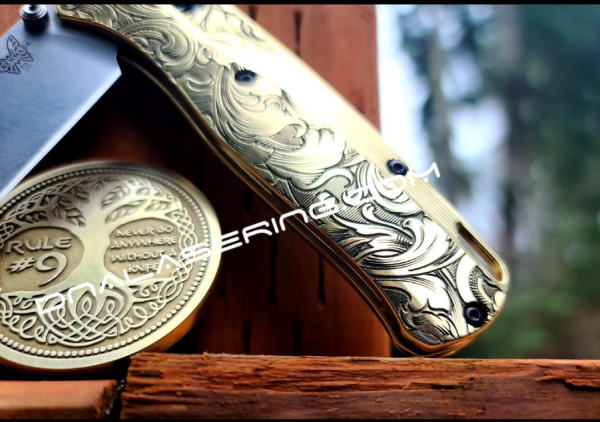 Benchmade Bugout Crossfade - Leaf Scroll - NEW Relief Engraving Style - Deep Laser Engraved - Brass Knife Scales - EDC Gear *Scales Only*