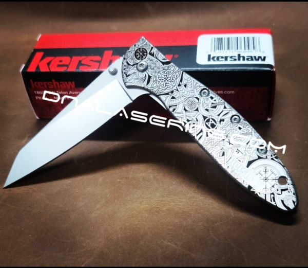 Kershaw Leek Framelock - Viking Runes - Nordic Design - Deep Fiber Laser Engraving - EDC Knife - NIB