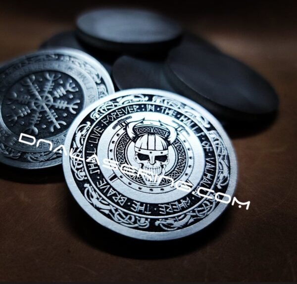 Valhalla - Viking Skull - Norse - Deep Laser Engraved Titanium Coin - Polished Finish