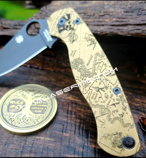 Spyderco PM2 - Treasure Map - Pirates - Engraved PM2 Brass Knife Scales - Paramilitary 2 - EDC Gear - Knife Install Optional