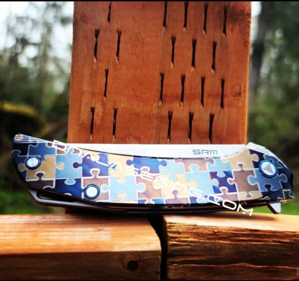 SRM Asika - Jigsaw - Puzzle Pieces - Annealed MOPA Colors - Laser Engraved Titanium Scales - EDC Gear *Complete Knife*
