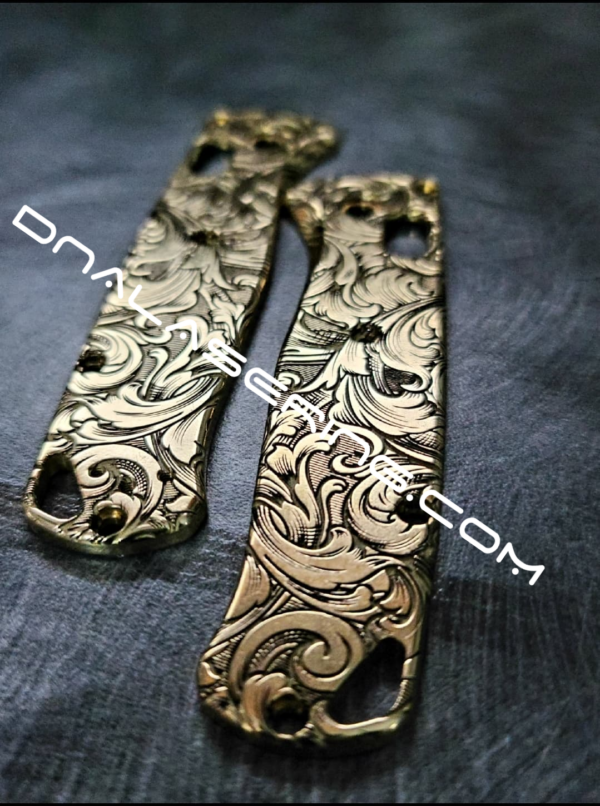 Benchmade Bugout Brass - Leaf Scroll - NEW Relief Engraving Style - Deep Laser Engraved - Brass Knife Scales - EDC Gear *Scales Only*