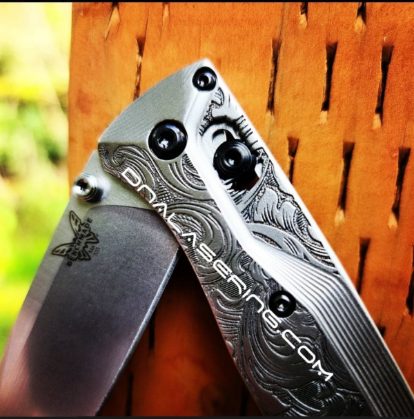 Benchmade Bugout Crossfade TI - Leaf Scroll - NEW Relief Engraving Style - Deep Laser Engraved - Titanium Knife Scales - EDC Gear *Scales Only*