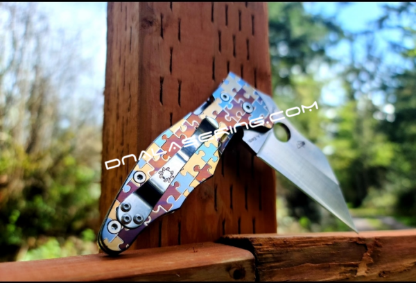 Spyderco Yojimbo 2 - Puzzle Pieces - Annealed MOPA Colors - Laser Engraved Titanium Scales - EDC Gear - Fully Installed Knife Option