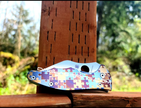 Spyderco Yojimbo 2 - Puzzle Pieces - Annealed MOPA Colors - Laser Engraved Titanium Scales - EDC Gear - Fully Installed Knife Option